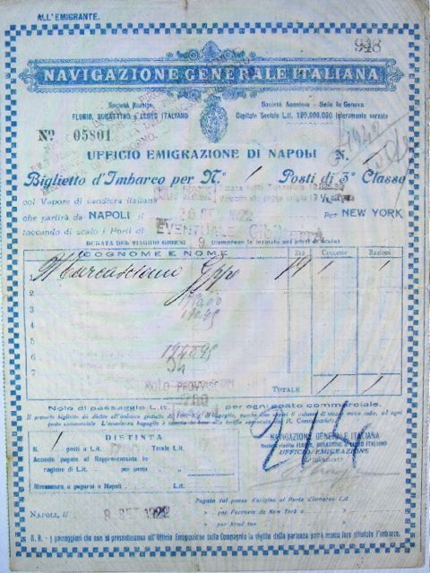 Italian Emigrant Ticket, 3rd class from Naples to New York